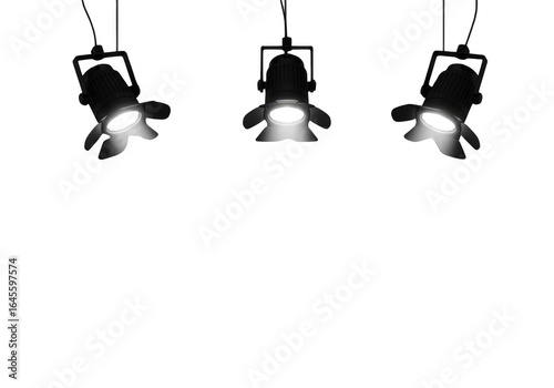 Three spotlights shining isolated on transparent background