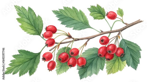 Watercolor Hawthorn Branch Illustration Red Berries and Green Leaves, Botanical Painting, Nature Art, Hawthorn Berries Hawthorn, Botanical Illustration