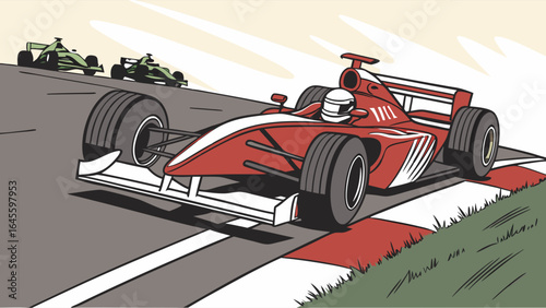 Red Formula One Race Car Speeding on Track.