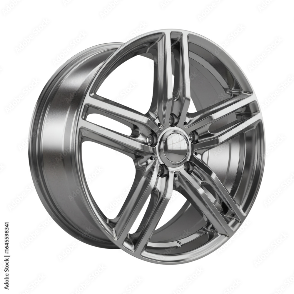 Fototapeta premium Polished Chrome Alloy Wheel Rim - Modern Car Part Design, Automotive Photography, High Detail, Isolated on Black Background