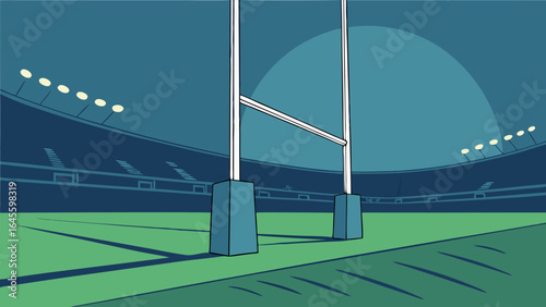 Rugby Goalposts at Night in a Stadium.