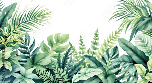 Watercolor tropical foliage border with palm leaves and ferns, Isolated on transparent background.

