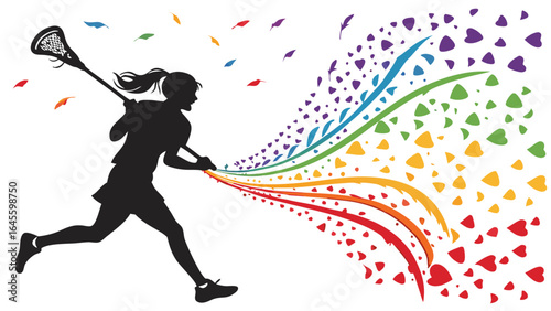 Silhouette of Female Lacrosse Player with Rainbow Trail.