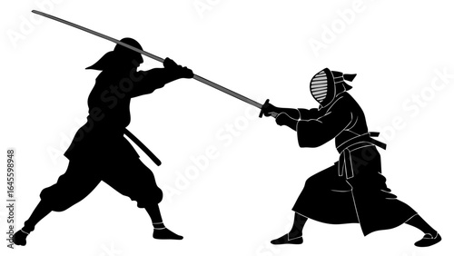Silhouette of Two Kendo Fighters in Action.