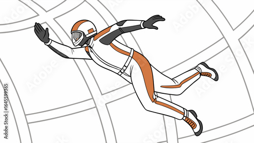 Skydiver in White and Orange Suit Flying in Wind Tunnel Illustration.