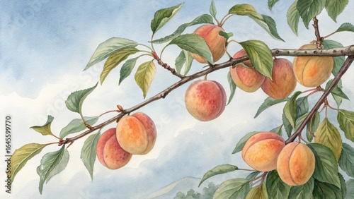 Watercolor Painting of Apricots on a Branch, Botanical Illustration, Summer Fruit, Apricot Tree Apricots, Watercolor