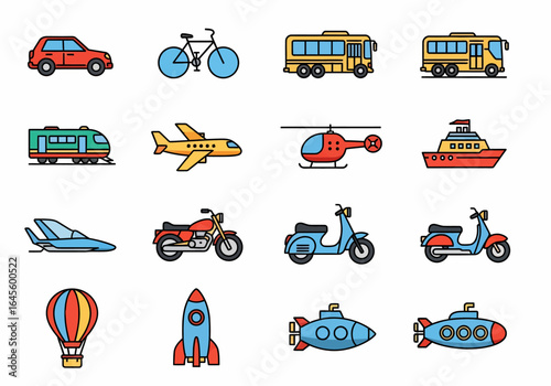 Colorful line art icons depicting various modes of transportation.