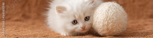 White kitten with yarn ball on a brown surface, cute and fluffy pet