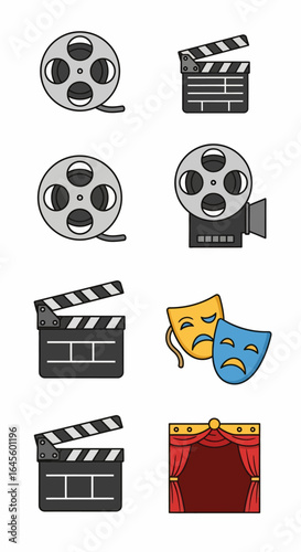 Film industry icons, including movie reels, clapperboards, cameras, and theatrical masks.