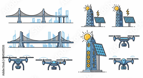 A set of modern technology and infrastructure icons showing city bridges, drones, and solar-powered towers.