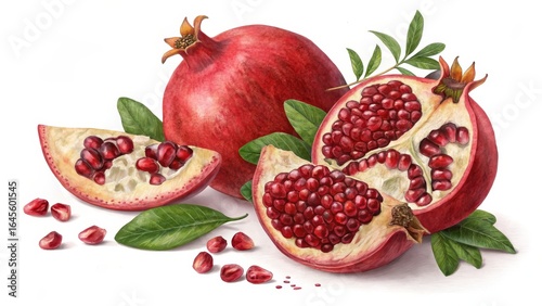Watercolor Pomegranate Composition Juicy Fruit Illustration, Botanical Art, Red Seeds, Leaf Detail Pomegranate, Watercolor painting