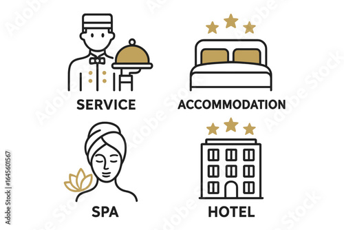 Luxury hotel service icon set. Line art symbols for hospitality industry. Vector illustrations of accommodation, spa, five star rating, bellboy, and room service for travel and resort