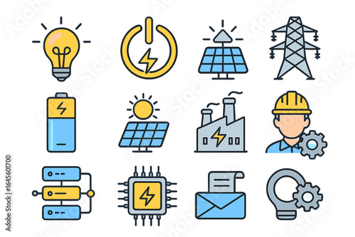 Energy and power icon set. Vector symbols for technology and industry. Includes solar panel, light bulb, battery, factory, engineer, and electricity icons. Graphic elements.