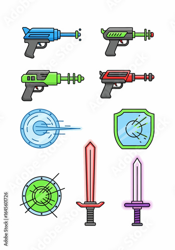 Collection of futuristic sci-fi weapons and defensive shields, including ray guns, energy swords, and protective discs, presented in a clean, vector illustration style.
