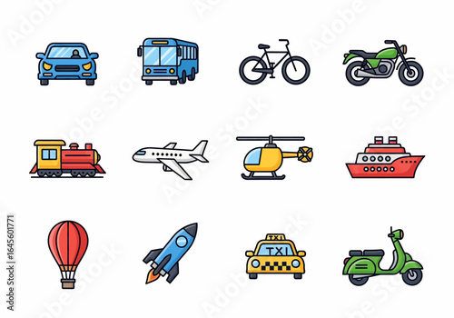 A collection of colorful, flat design icons representing various modes of transportation, including cars, buses, bicycles, motorcycles, trains, airplanes, he...