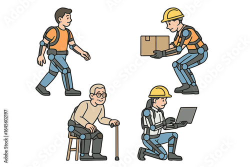 Exoskeleton technology vector set. People in bionic suits for mobility aid, industrial work, and elderly support. Robotic assistance for lifting and rehabilitation. Future concept.