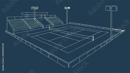 Tennis Court with Stadium Seating and Lighting.