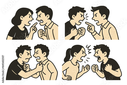 People arguing and fighting. Angry couple shouting. Conflict, disagreement, abuse, and relationship problems concept. Man and woman in furious quarrel with aggressive expression.