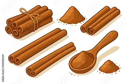 Cinnamon sticks and powder vector illustration set. Cartoon spice food ingredient for cooking. Aromatic ground condiment in wooden spoon, bundle of quills, isolated.