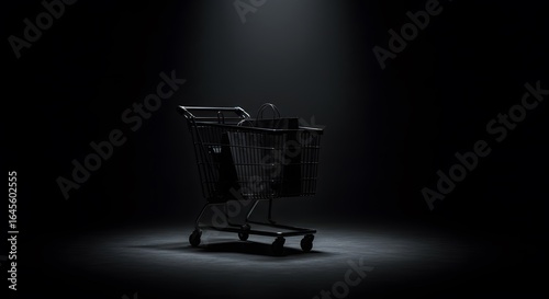 Dark Cart with Shopping Bags in Spotlight: Black Friday Concept