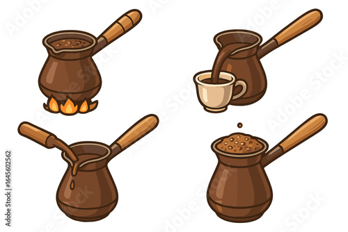 Turkish coffee brewing steps icon set. Making traditional hot drink in a cezve. Pouring espresso into a cup. Vector cartoon illustration for cafe menu or recipe.