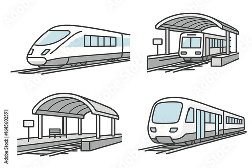 Train and railway station icon set. High-speed bullet train, subway metro on platform, and empty station. Public transport, travel, and tourism vector cartoon illustrations.