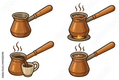 Coffee brewing process steps. Traditional Turkish cezve or ibrik pot on fire. Pouring hot espresso drink into cup. Vector cartoon illustration set for cafe menu design.