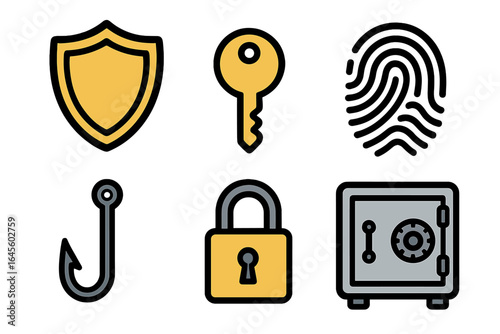 Security icon set with shield, key, fingerprint, phishing hook, padlock, and safe. Vector illustration for cybersecurity, data protection, access control, and safety concepts.