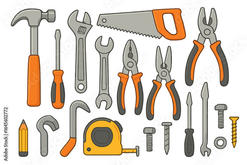 Hand tools collection for DIY projects. Carpentry, construction and repair equipment set. Hammer, saw, wrench, screwdriver, pliers vector illustration. Handyman workshop icons.