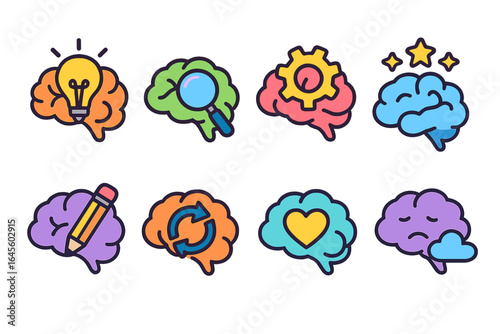 Set of brain activity icons. Mental health, psychology concept. Mind process, emotions, depression, creativity, learning, thinking. Vector cartoon illustration collection.
