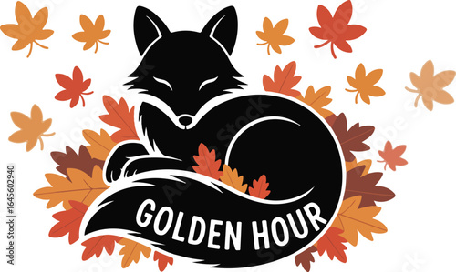 Black silhouette of a fox curled up on autumn leaves, minimal wildlife illustration, cozy fall season nature artwork


