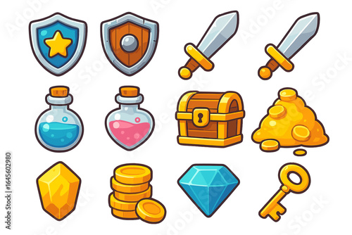 Colorful collection of game icons for fantasy RPG. Vector assets for mobile game UI. Set with sword, shield, magic potion, treasure chest, gold coins, diamond, and key.