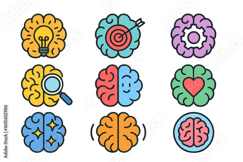 Brain icons collection for psychology and mental health. Creative vector set for cognitive process, idea, goal, thinking, research, emotional intelligence and logic concepts.