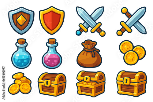 Game icons set for RPG fantasy games. Cartoon vector assets for UI design. Collection includes shield, sword, magic potion, treasure chest, gold coins and money bag.