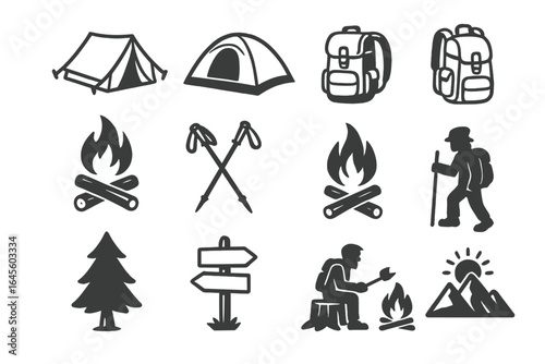 Camping icon set. Hand drawn doodle style outdoor adventure and hiking collection. Vector elements like tent, backpack, campfire, mountain. Tourism and travel symbols.