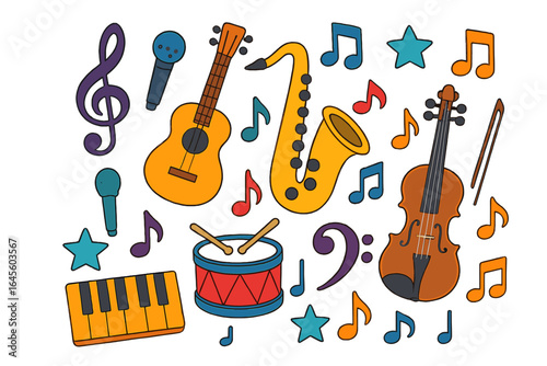 Music instruments vector icon set. Cartoon collection of colorful doodle elements. Guitar, saxophone, violin, piano, drum and microphone. Flat design graphic clipart.