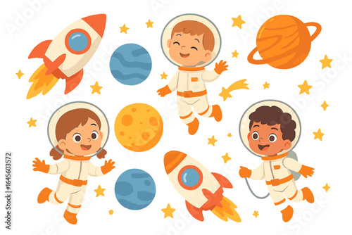 Cute kids astronauts exploring the universe. Vector cartoon set with children in space suits, rockets, planets, and stars. Playful galaxy explorers collection illustration.