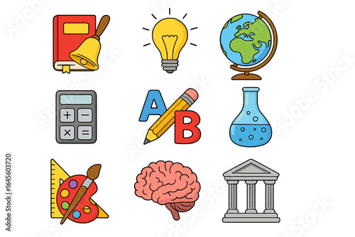 Education icon set. School subjects and learning symbols. Cartoon vector collection for knowledge, science, art, math, and study. University and academy elements.