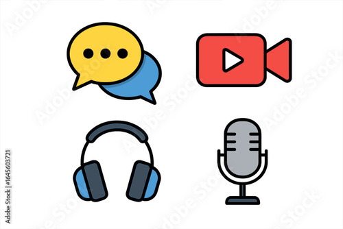 Collection of media icons for online communication and content creation. Vector set with speech bubble for chat, video camera for streaming, microphone and headphones for podcasting.