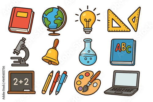 Education icon set. School subject symbols collection. Globe, microscope, book, palette. Back to school concept for students and teachers. Vector cartoon illustration.