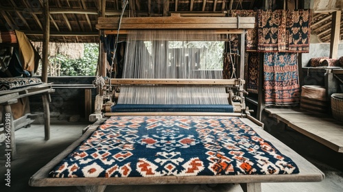 Traditional loom weaving an intricate textile pattern in a rustic Indonesian workshop