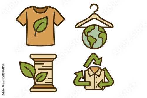 Sustainable fashion icon set. Eco-friendly clothing, natural organic fabric, and textile recycling concept. Slow fashion and conscious consumption vector icons collection.