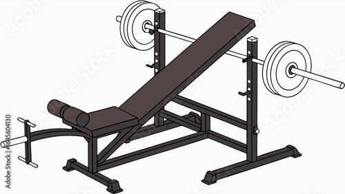 Weight Bench with Barbell and Weights.