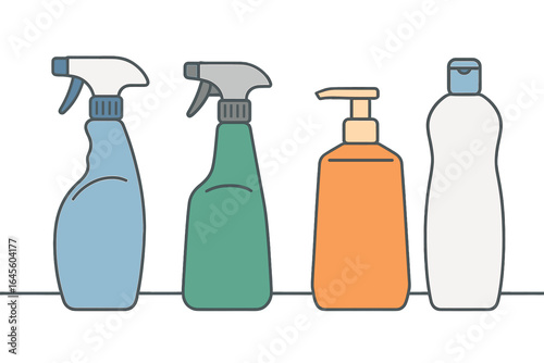 Cleaning supplies vector icon set. Household cleaner spray bottles, soap dispenser pump, and detergent container. Line art illustration for hygiene and sanitation products.