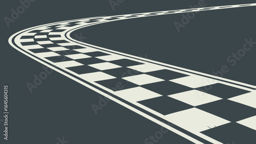Winding Checkered Race Track Perspective View Illustration.