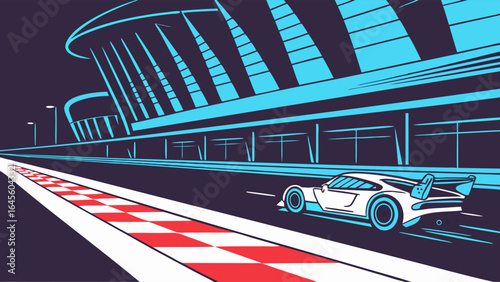 White Race Car Speeding Past Pit Lane on Track.