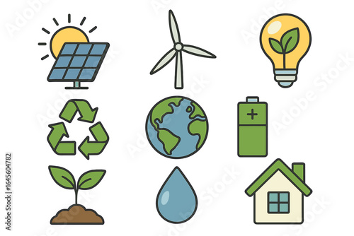 Renewable energy icon set. Solar panel, wind turbine, and green lightbulb. Ecology concepts like recycling, planet earth, and sustainable living. Clean power vector.