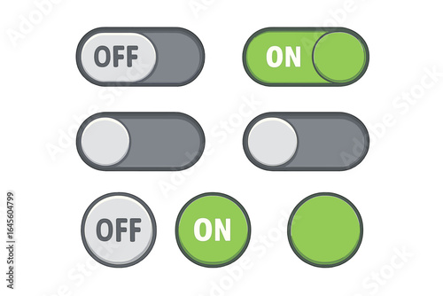 Set of toggle switch icons. On and Off buttons for user interface design. UI UX elements for web and mobile applications. Vector illustration of sliders and control buttons.