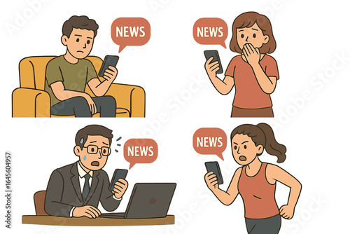 People reacting to bad news on smartphones. Set of vector characters with sad, shocked, angry, and anxious emotions from information overload or fake news media.