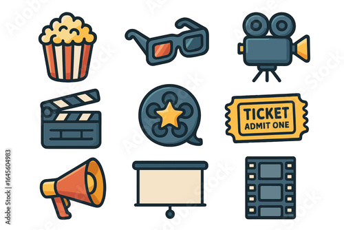 Cinema icons set for movie production and entertainment. Vector illustration includes popcorn, 3D glasses, camera, film reel, clapperboard, and ticket. Film making elements.